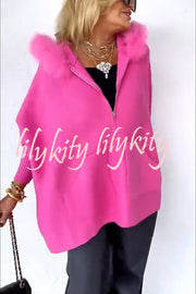 Warm Call Knit Long Sleeve Zipper Plush Hooded Pocket Loose Cardigan