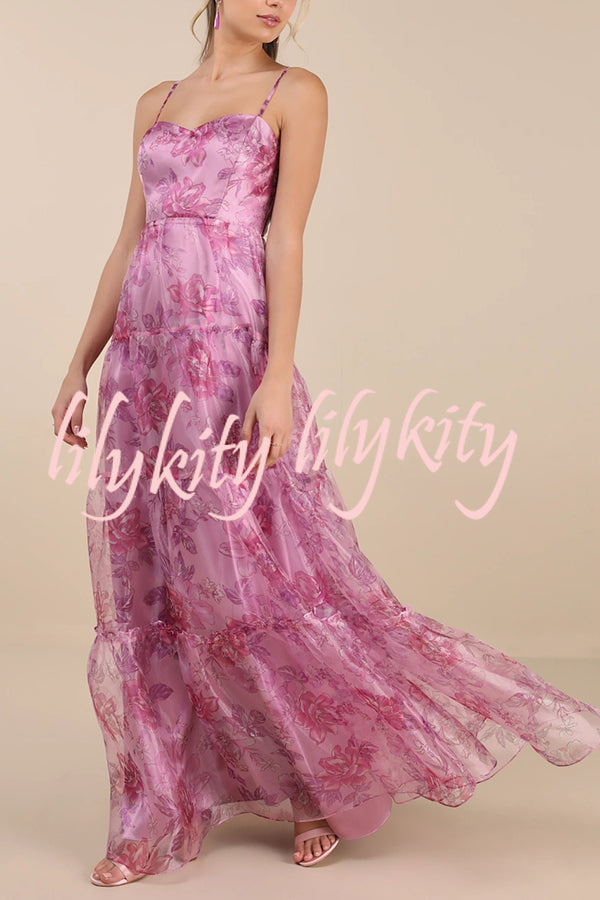 Exclusive Glamour Organza Floral Print Tiered Slip Maxi Dress