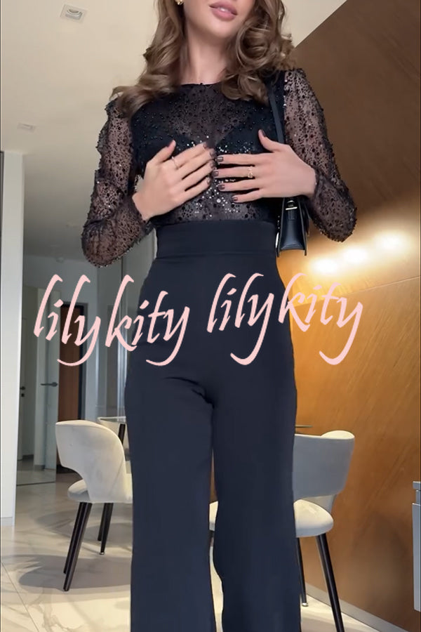 Seleia Tulle Sequin Patchwork Long Sleeve Wide Leg Stretch Jumpsuit