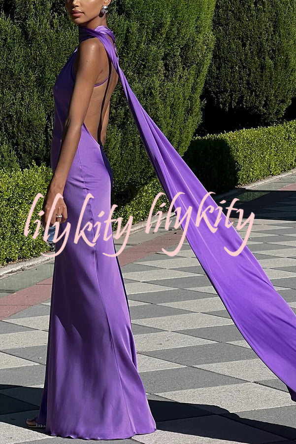 Crush on You Satin One Shoulder Backless Cape Maxi Dress