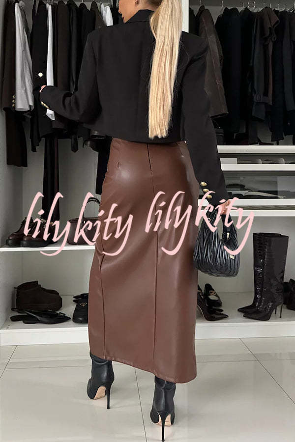 Excellent Partner Faux Leather High Rise Front Slit Stretch Midi Skirt