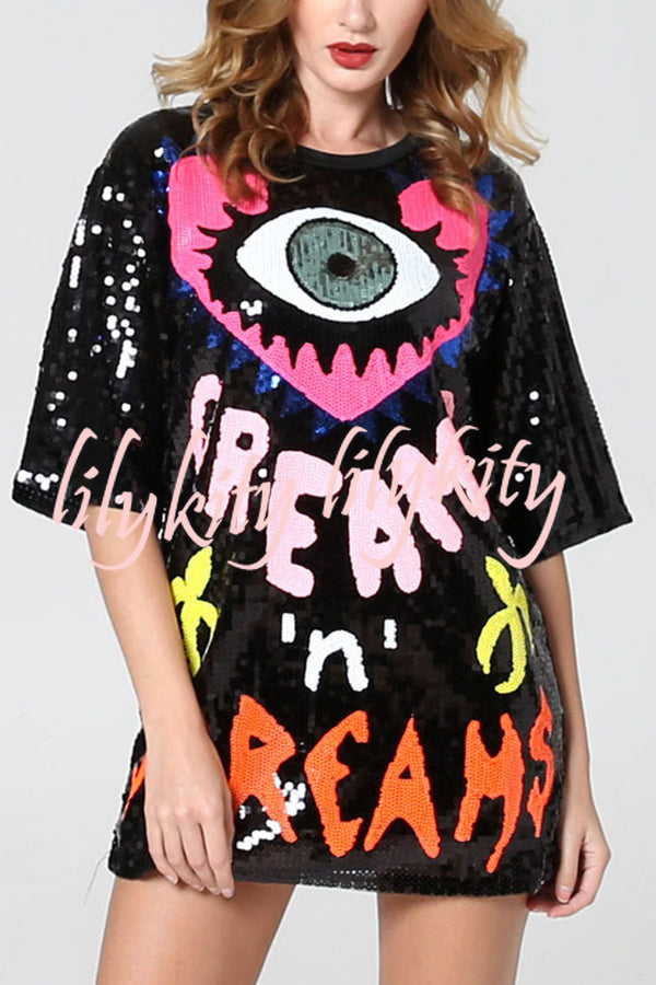 Love Eyes Letters Sequined Round Neck Short Sleeve Mid-Length Loose T-Shirt