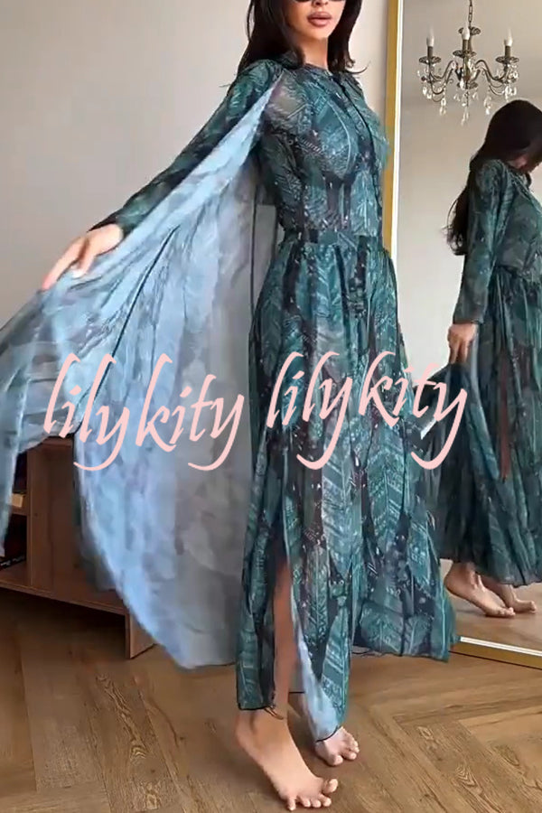 Unique Print One-piece Swimsuit and Cardigan and High Rise Pants Three-piece Set