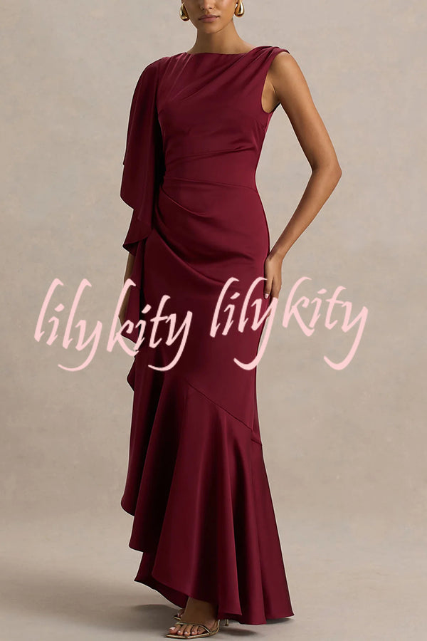 Freya Satin Boat Neck Waterfall Frill Sleeve Drape Maxi Dress