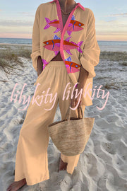 Pink Fish Print Oversized Shirt and Elastic Waist Pocket Pants Set