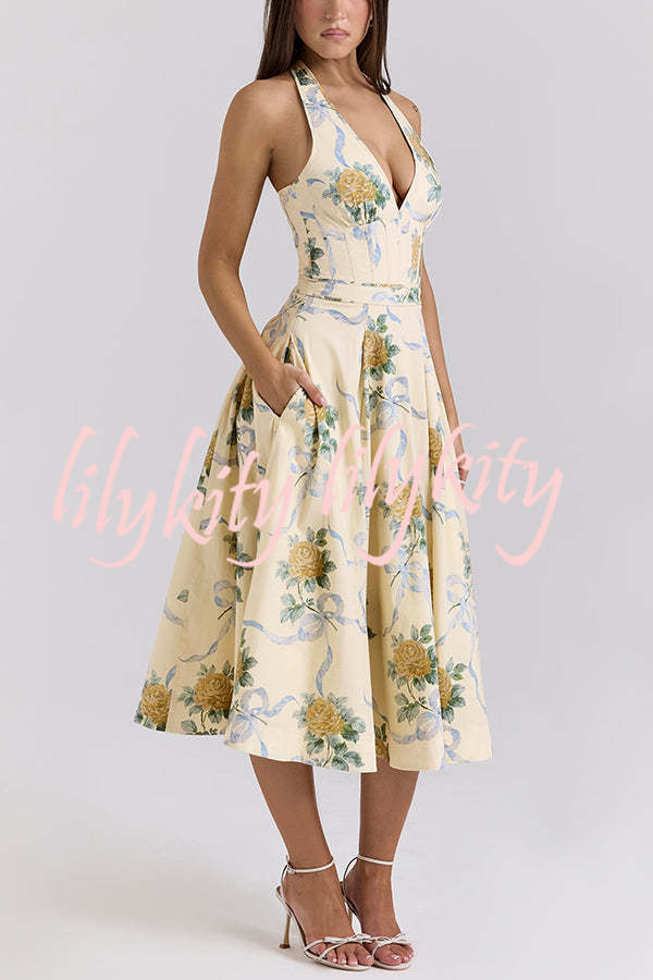 Resort Star Floral Print Waist Halterneck Tie Pocket Midi Dress