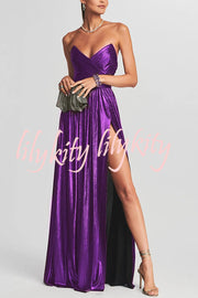 Goddess Temperament Metallic Pleated Fabric Off Shoulder Slit Maxi Dress