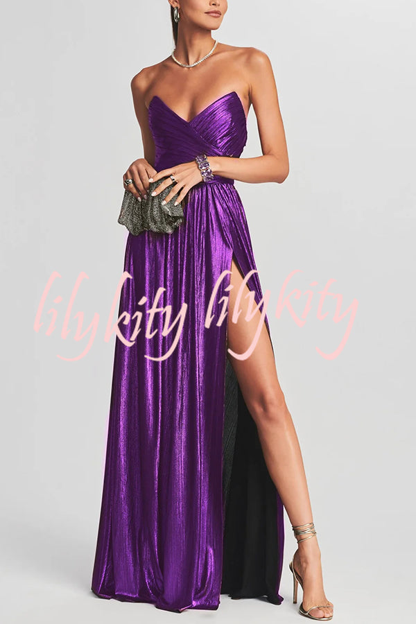 Goddess Temperament Metallic Pleated Fabric Off Shoulder Slit Maxi Dress