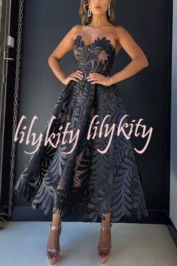 Elegant Openwork Lace Strapless Full-hem Midi Dress