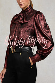 Ariella Metallic Satin Fabric Tie-up Bow Neck Long Sleeve Blouse
