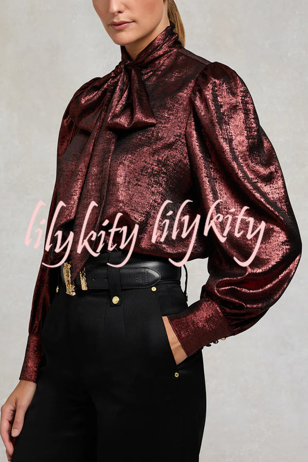 Ariella Metallic Satin Fabric Tie-up Bow Neck Long Sleeve Blouse