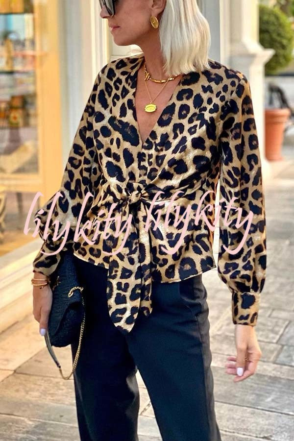 Janae Leopard Print Front Tie-up Lantern Sleeve Casual Blouse