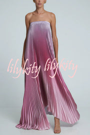 Gorgeous Styling Satin Pleated Elastic Bust Strapless A-line Gown Maxi Dress