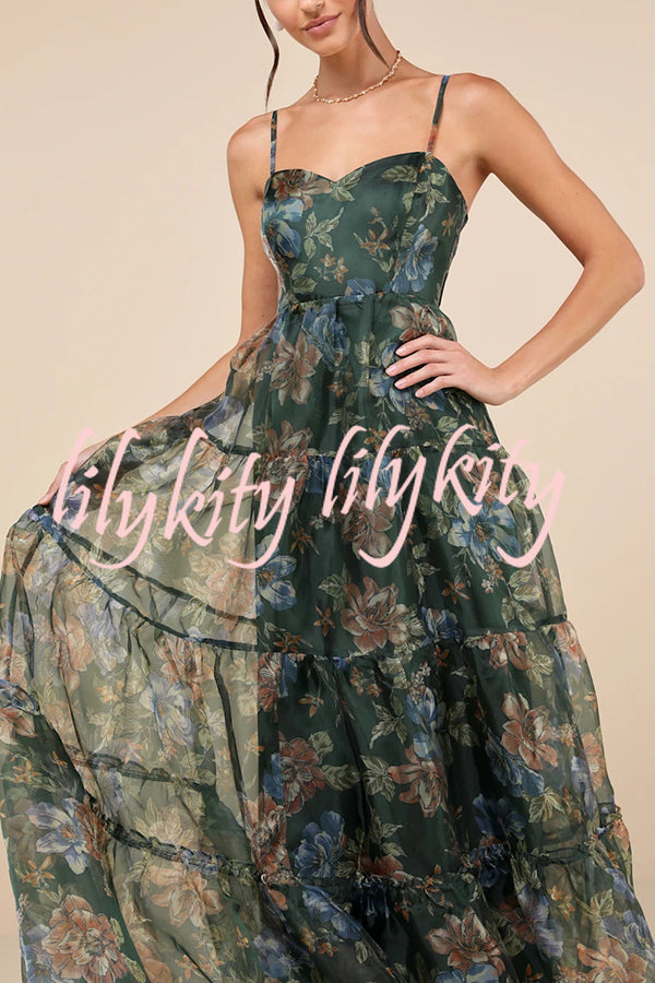Exclusive Glamour Organza Floral Print Tiered Slip Maxi Dress