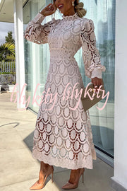 Romantic, Sensual and Elegant Crochet Lace Lantern Sleeve Party Midi Dress