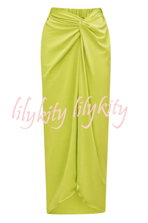 Solid Color Elastic Waist High Slit Loose Holiday Midi Skirt