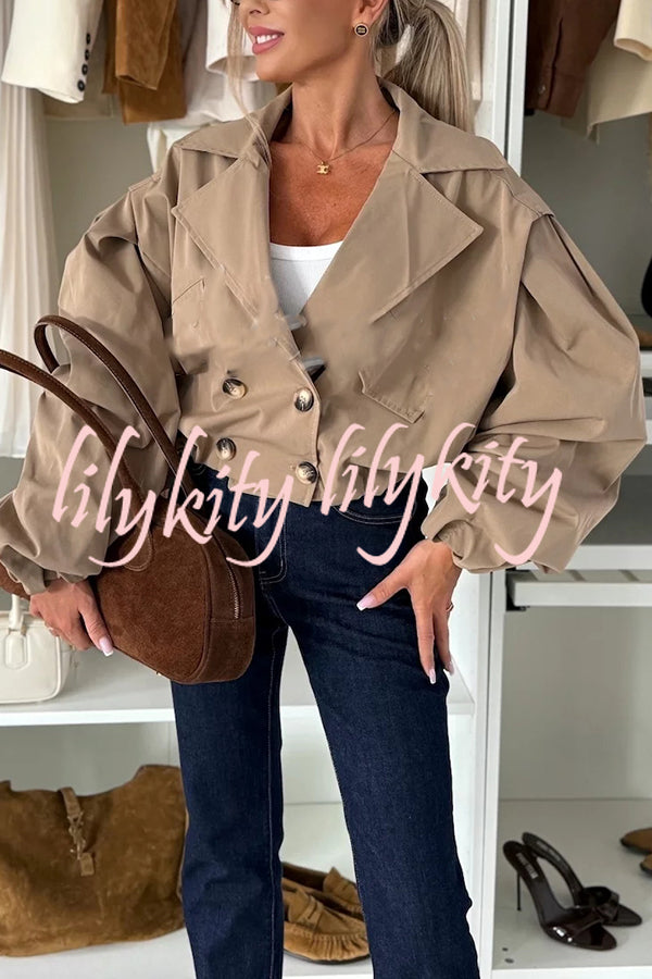 Fashion Style Button Long Balloon Sleeve Pocket Lapel Casual Bomber Jacket