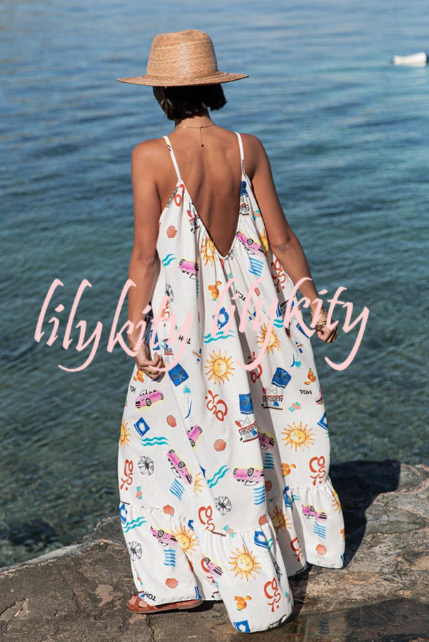 Marisol Linen Blend Unique Print A-line Slip Loose Maxi Dress