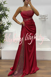 Essie Satin Rhinestone Patchwork Twist Waist Strapless Slit Maxi Dress