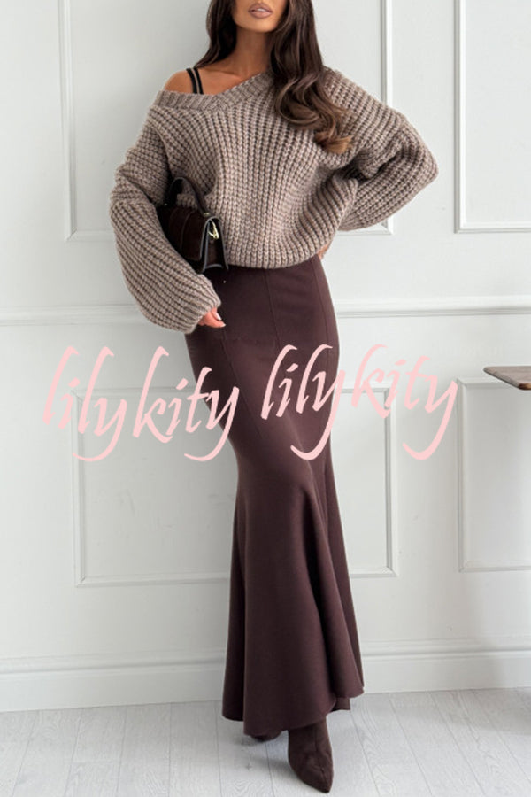 Caitlin Knit Stretch Fabric High Waist Fishtail Casual Maxi Skirt