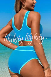 Solid Color Contrast High Waist Stretch Bikini Swimsuit