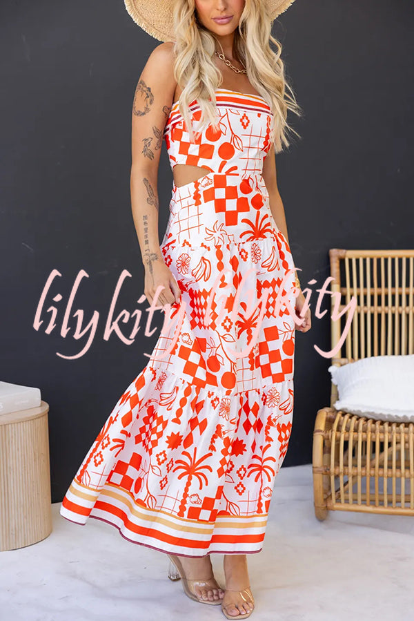 Unique Print Waist Cutout Back Gathered Suspender Maxi Dress