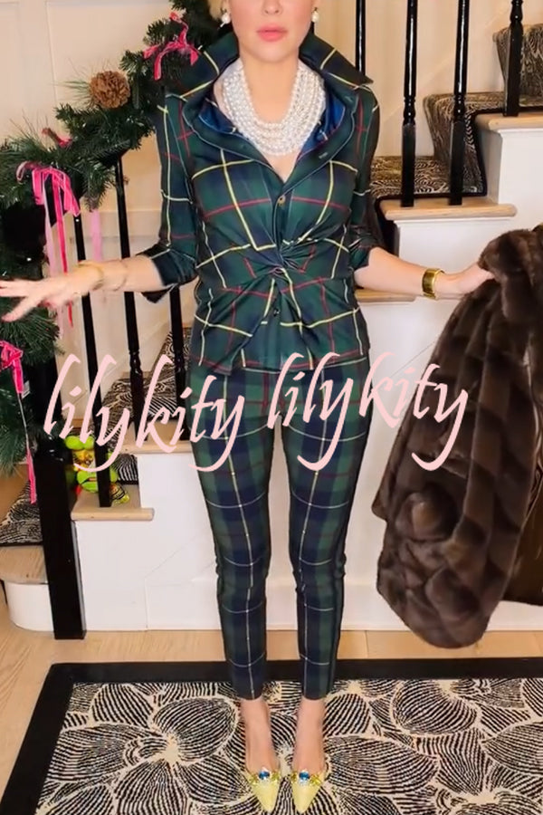 Embrace The Festival Plaid Twist Half Sleeve Shirt and Elastic Waist Pencil Pants Set