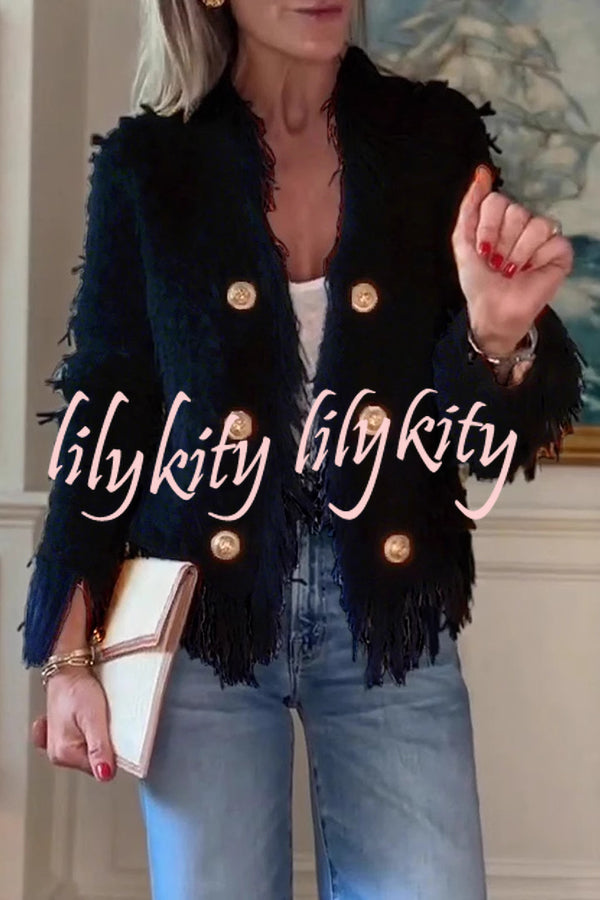 Solid Color Metal Button Long Sleeve Elegant Tassel Top