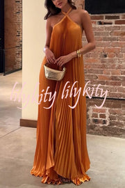 Luxurious Atmosphere Satin Halter Neck Backless A-line Gown Maxi Dress