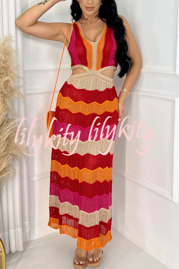 Darling Perfection Knit Texture Color Block Side Waist Cutout Maxi Dress