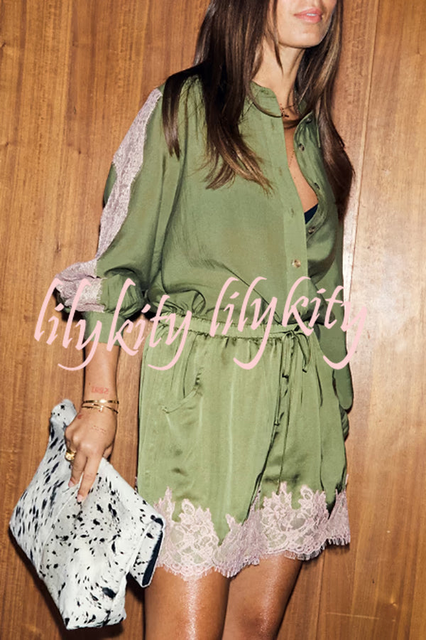 Eye-catching Work Contrast Color Lace Trim Button Up Long Sleeve Loose Blouse