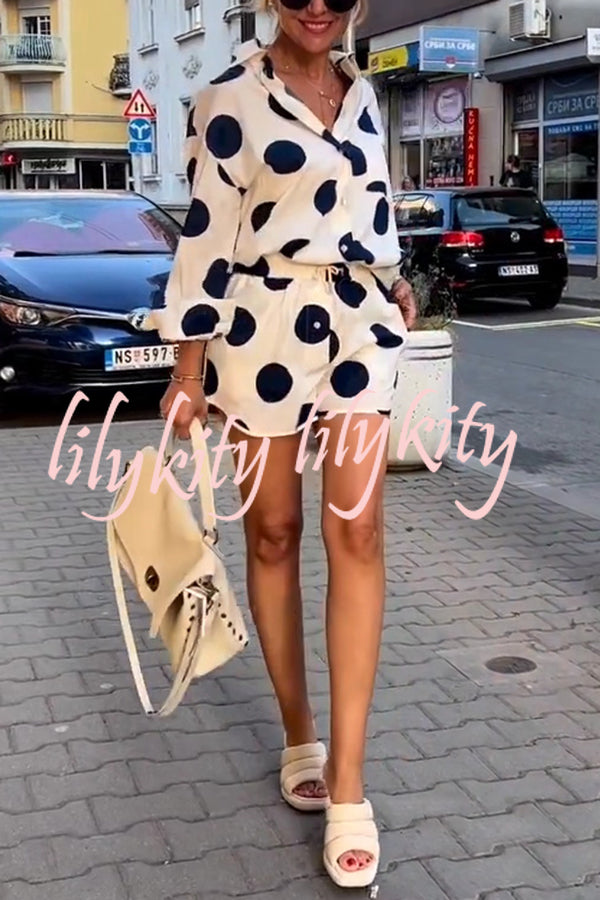 Giselle Linen Blend Polka Dot Print Lapel Long Sleeve Shirt and Elastic Waist Pocket Shorts Set