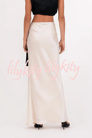 Black and White Classic Satin High Neck Crop Top and Wrap Tie-up Slit Maxi Skirt Set