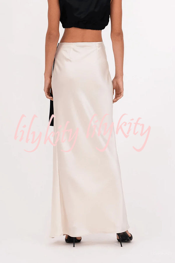 Black and White Classic Satin High Neck Crop Top and Wrap Tie-up Slit Maxi Skirt Set