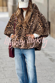 Taylor Plush Fabric Leopard Print Zipper Pocketed Cape Hooded Coat