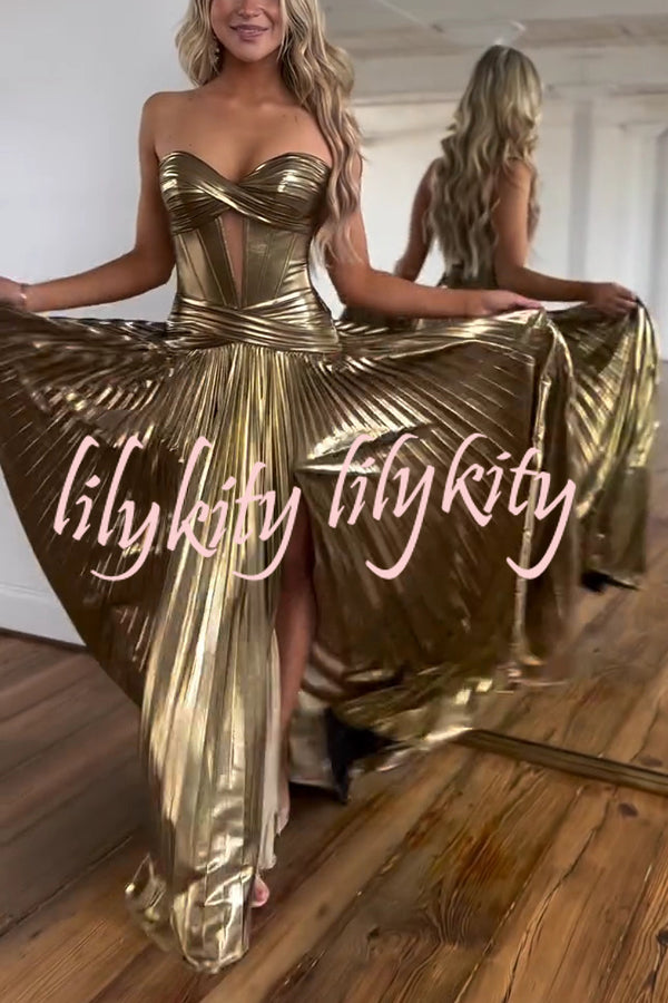 Dazzling Metallic Fabric Cross Strapless Cutout Slit Pleated Maxi Dress