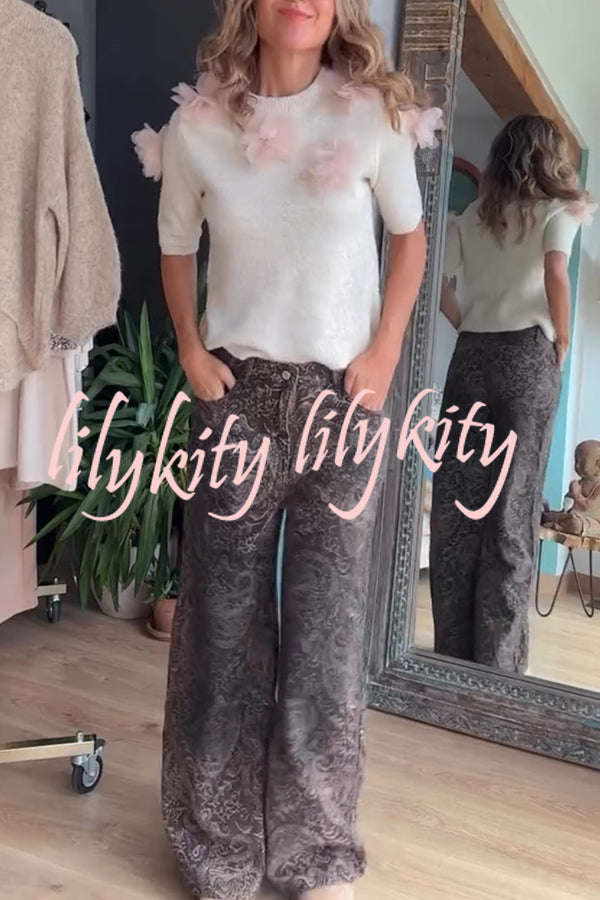 Alboran Knit Organza Flowers Detail Short Sleeve Loose Sweater