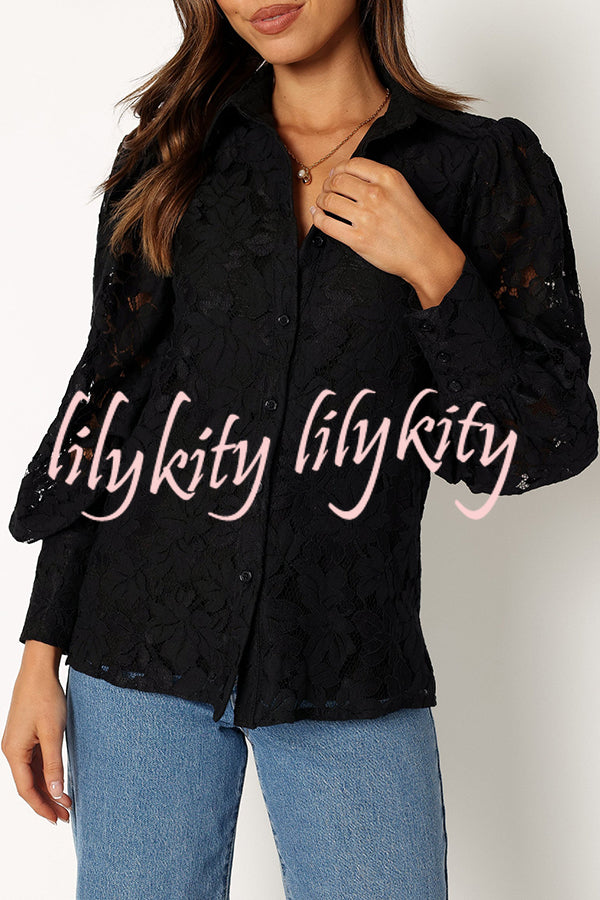 Sexy Hollow Lapel Casual Lace Shirt Top