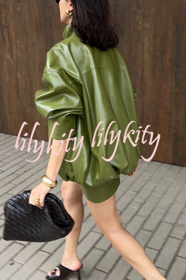 Solid Color Loose Long Sleeve Pocket Casual Leather Jacket