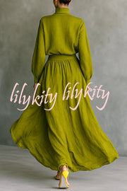 Linen Blend Solid Color Loose Long-sleeved Top and High-waisted Casual Pocket Maxi Skirt Set