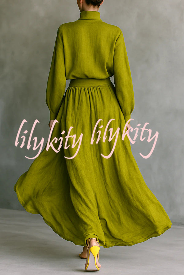 Linen Blend Solid Color Loose Long-sleeved Top and High-waisted Casual Pocket Maxi Skirt Set