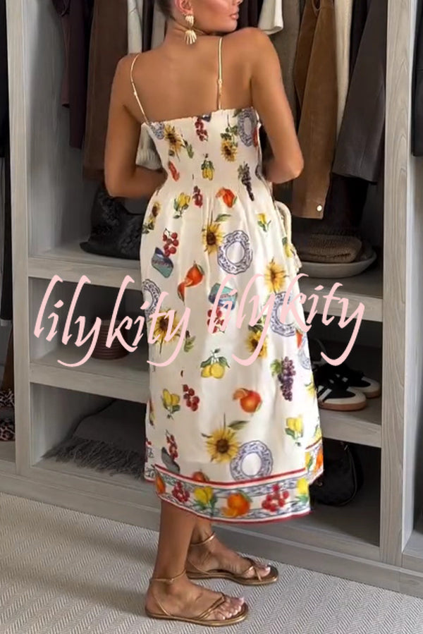 Summer Fruit Print Sling Pleated Vacation Midi Dress