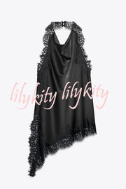 Dolly Satin Lace Trim Halter Cowl Neck Asymmetric Hem Tank
