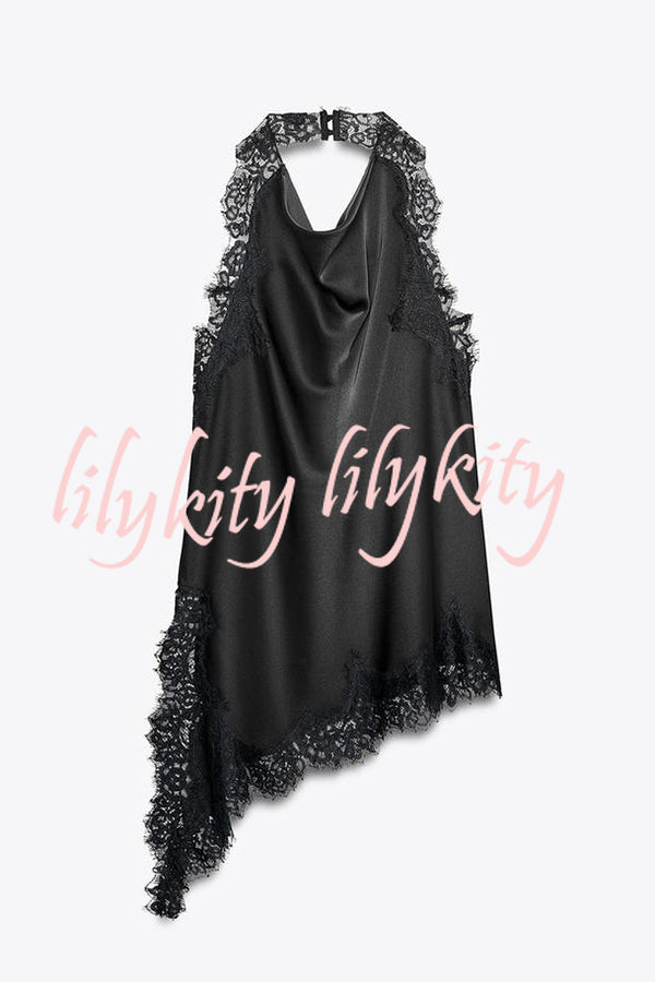 Dolly Satin Lace Trim Halter Cowl Neck Asymmetric Hem Tank