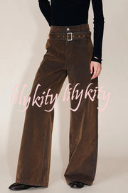 Taylor Denim Mid Rise Detachable Belt Flocked Pocket Wide Leg Jeans