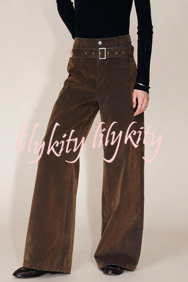 Taylor Denim Mid Rise Detachable Belt Flocked Pocket Wide Leg Jeans