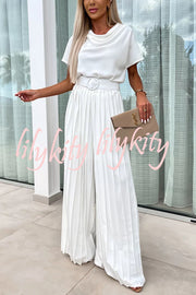 Ivy Cowl Neck Short Sleeve Belt Pleated Loose Wide Leg Jumpsuit