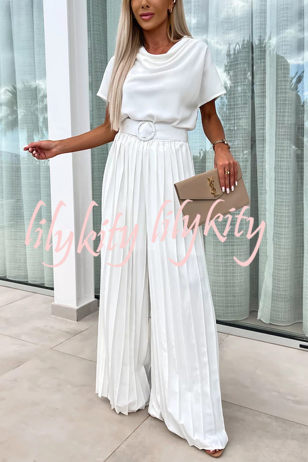 Ivy Cowl Neck Short Sleeve Belt Pleated Loose Wide Leg Jumpsuit