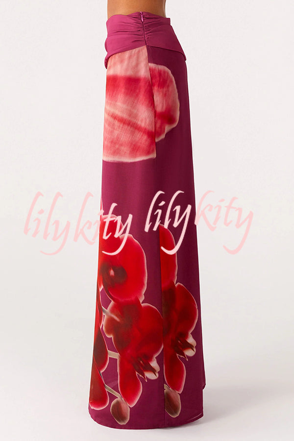 Sexy Deep V Backless Draped Camisole Top and Floral Print Chiffon Maxi Skirt Set