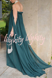 Fairy Spirit Tulle Braided Neckline Tie Arm Straps Pleated Maxi Dress